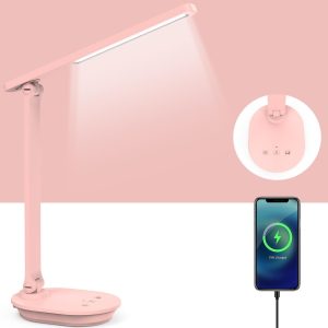 Pink Desk Lamp College Dorm Essentials for Girls, 3 Color Dimmable Reading Lamp, Battery Operated, USB Rechargeable Powered, Cordless, Portable, Cute LED Desk Lamps for Home Office, Bedrooms, Study