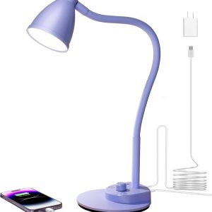 Desk Lamp with USB Charging Port, 3 Color Modes Fully Dimmable Reading Lamp, Auto Dimming Task Lamp, Flexible Gooseneck Table Light for Office Dorm Bedside, Adapter Include, Lilac Purple