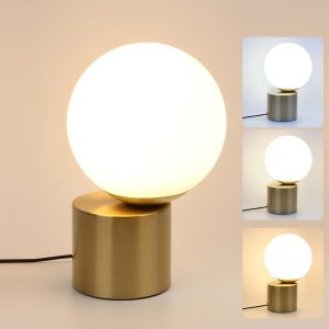 Modern Small Table Lamps, LED Dimmable with 3 Colors Desk Lamp, Gold Bedside Table Lamp for Bedroom Living Room Nightstand with White Opal Glass Lamp Shade, Simple Design Mother's Day Gifts (Gold)