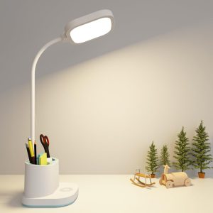 Desk Lamp, LED Large Desk Light 3 Reading Modes, with USB Output Port, Rechargeable Cordless Battery Operared, Pen Holder Nightlight, Flexible Gooseneck, Protable Office College Dorm Essentials, White