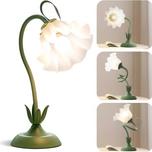 Vintage Flower Table Lamp,‎ LED Reading Lamp Cute Flower Bedside Night Light 3 Color Modes Gooseneck Desk Lamp for Living Room Office Reading Home Decoration (Green)