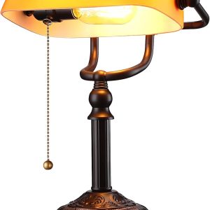 Desk Lamp with Pull Chain Switch, Amber Glass Shade Desk Lamps, Bronze Base, UL Listed, E26 Base, Vintage Library Lamp for Office, Study Room(Matted Orange)