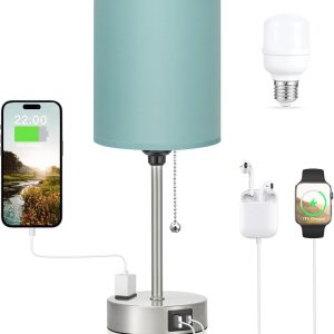 Teal Bedside Lamp for Nightstand - 3 Color Temperature Table Lamp with USB C and A Ports, Pull Chain Lamp for Bedroom with AC Outlet, Desk Lamp with Silver Metal Base for Kids Girls