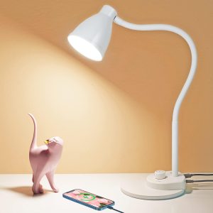 Desk Lamp with USB Charging Port, 3 Color Modes Dimmable Reading Lamp, Auto Dimming Task Lamp, Flexible Gooseneck Table Light for Dorm Bedside, Adapter Include, White