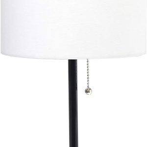 Black Stick Table Desk Lamp with Charging Outlet and Drum Fabric Shade, White