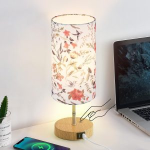 Bedside Touch Lamp, Wood Small Table lamp with 2 USB Charging Ports & Flower Fabric Shade, 3-Way Dimmable Nightstand Lamps for Living Room Bedroom Office Reading Desk Home Dorm(LED Bulb Included)