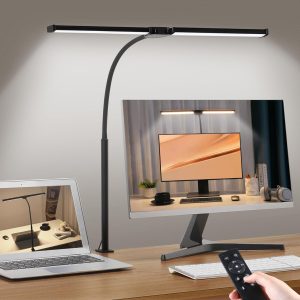 Led Desk Lamp for Home Office, Eye-Care Architect Light with Clamp, Smart Double Head Computer Monitor Table Clip Lamp, Adjustable Flexible Gooseneck, 25 Lighting Models, Task lamp, Black
