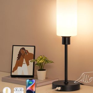 19" Glass Table Lamp with Full Body Touch Control, Modern Bedside Lamp, 3-Stage Dimmable & USB-A+Type-C Charging Ports, Nightstand Lamp for Living Room, Bedroom (Black)