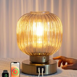 Touch Small Table Lamp,Elegant Gold Glass Bedside Lamp 3 Way Dimmable with USB C+A Charging Ports - Bedroom Nightstand & Living Room Essential, 4W Bulb Included (Gold)