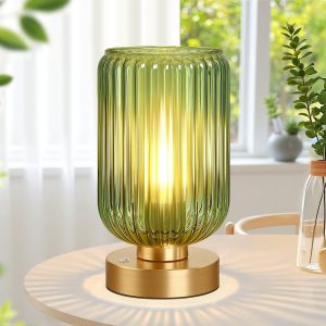 Modern Table Lamp for Bedroom, Cordless Dimmable Small Lamp and Rechargeable Battery Operated with Green Glass Shade Touch Lamps for Night Stands Living Room, Bulb Included