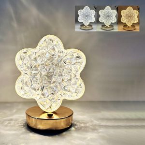 Flower Table Lamp, 3 Colors Stepless Dimmable Touch Lamp, USB Rechargeable Night Light, Crystal Flower Bedside Lamp, Gold Vintage Light Nightstand Lamp for Bedroom Living Room Home Decor