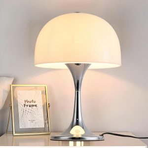 Modern Sleek Table Lamp for Bedroom, 3-Light LED End Desk Lamp for Living Room, Office, Milky White Acrylic Shade Metal Mushroom Table Lamp for Bedside Night Light Desk, Chrome Base