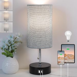 3-Color Temperature Bedside Lamp Nightstand Lamp with USB A Port and C Port, Table Lamp for Bedroom with LED Bulb Small Lamps for Living Room (Gray)